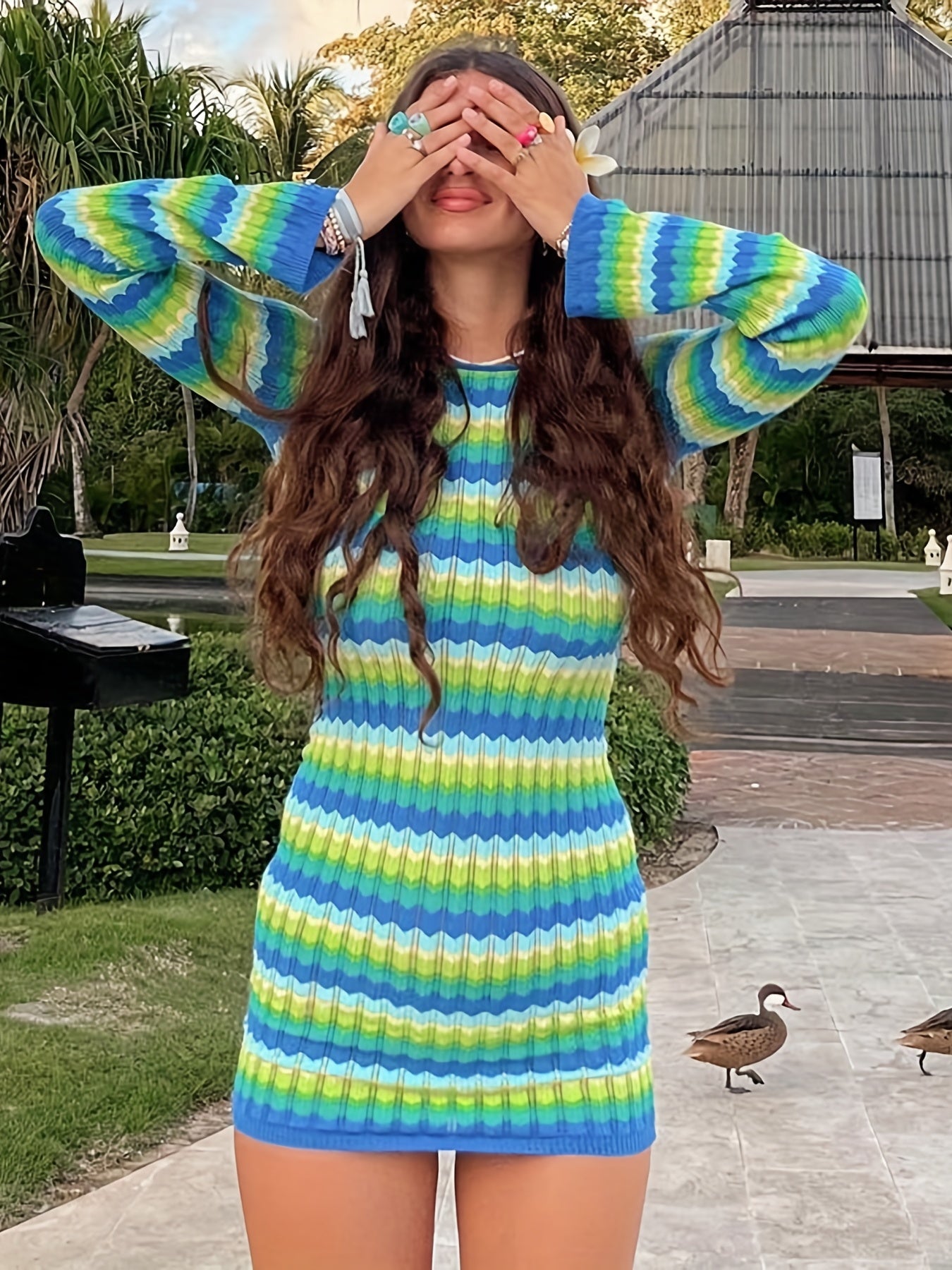 Chevron Backless Bodycon Dress Y2K Sexy Long Sleeve Dress