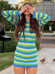 Chevron Backless Bodycon Dress Y2K Sexy Long Sleeve Dress