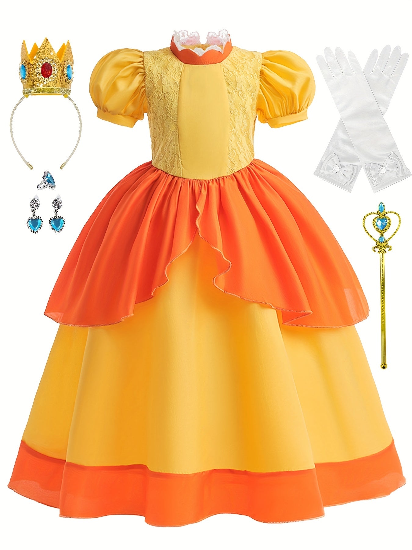 Girls Princess Dress Frill Neck Puff Sleeve Ruffle Skirt Lace Decoration