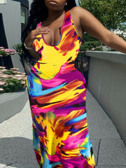 Colorblock Notched Neck Maxi Tank Dress