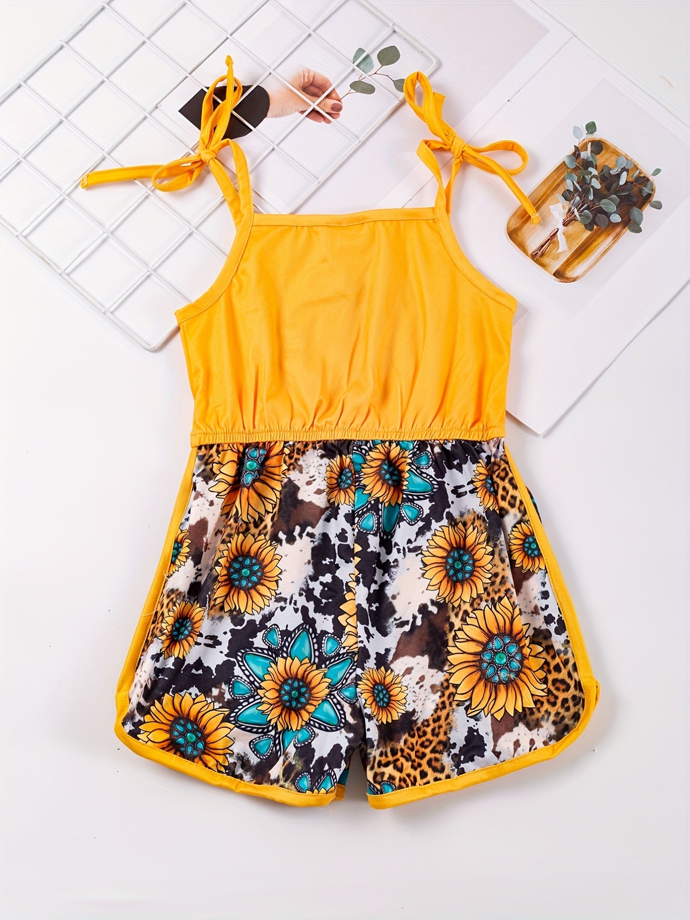 Toddler Girls Sunflower Leopard & Bull Head Cami Romper Jumpsuit