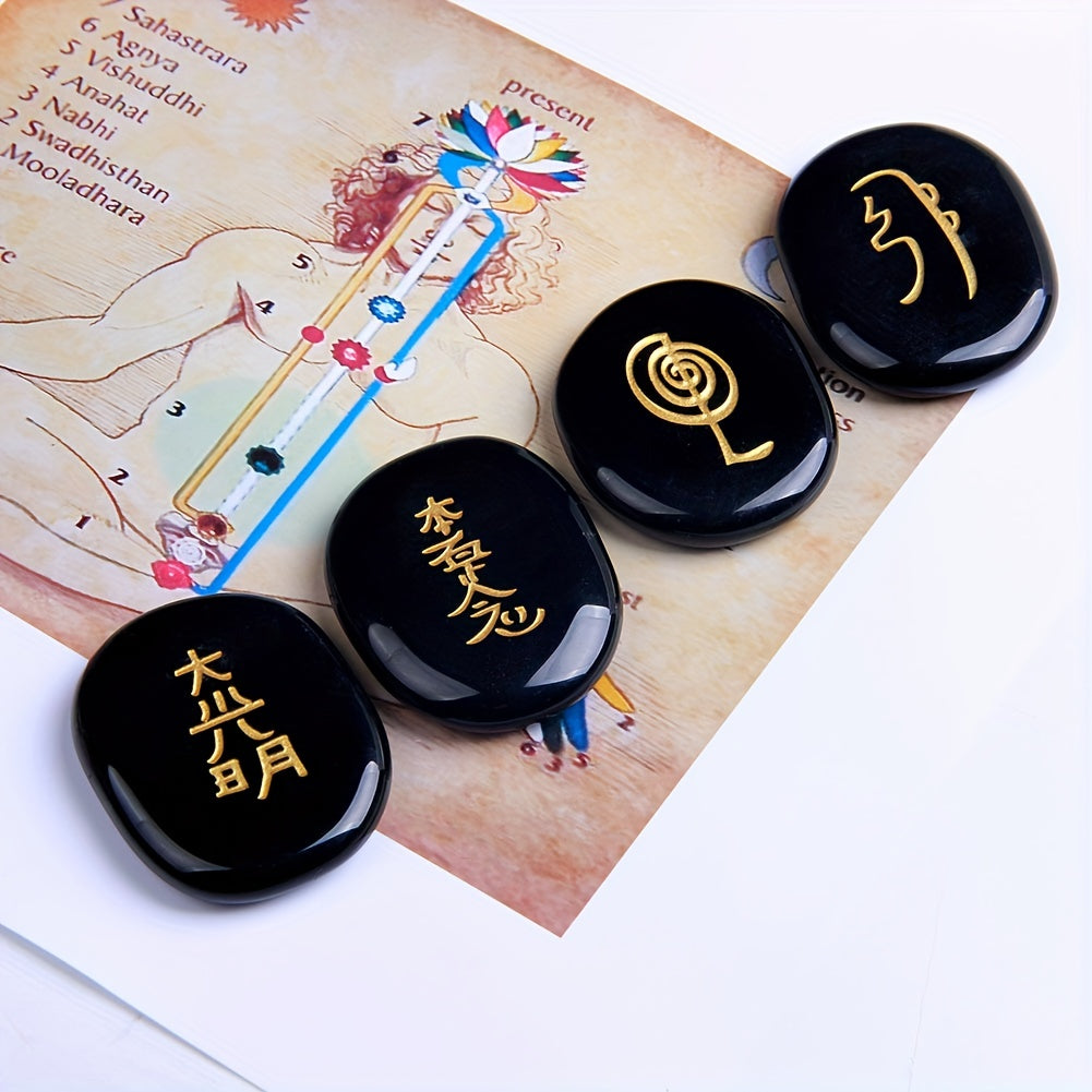 4Pcs Natural Crystal Engraved Chakra Symbols Palm Stones for Reiki Ornaments