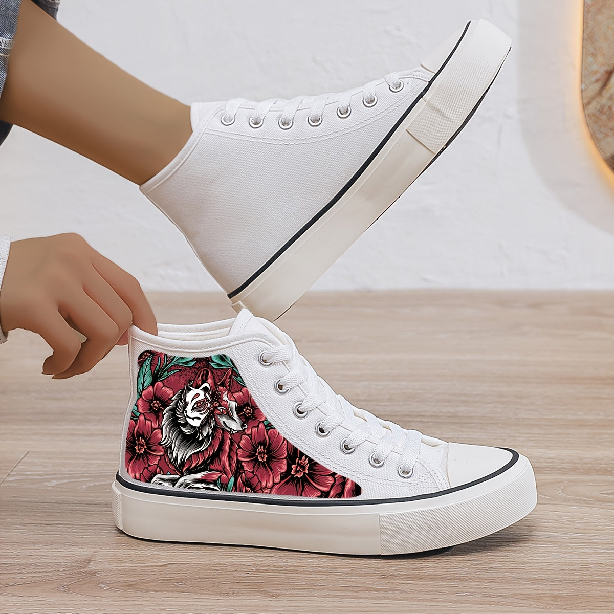 Flower Print Plush Lined Thermal Chunky Canvas Sneakers