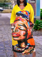Painting Print Long Sleeve Maxi Dress With Pockets