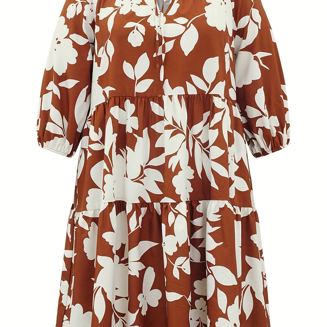 Women's Plus Leaf Print Half Sleeve Round Neck Keyhole Tie Dress
