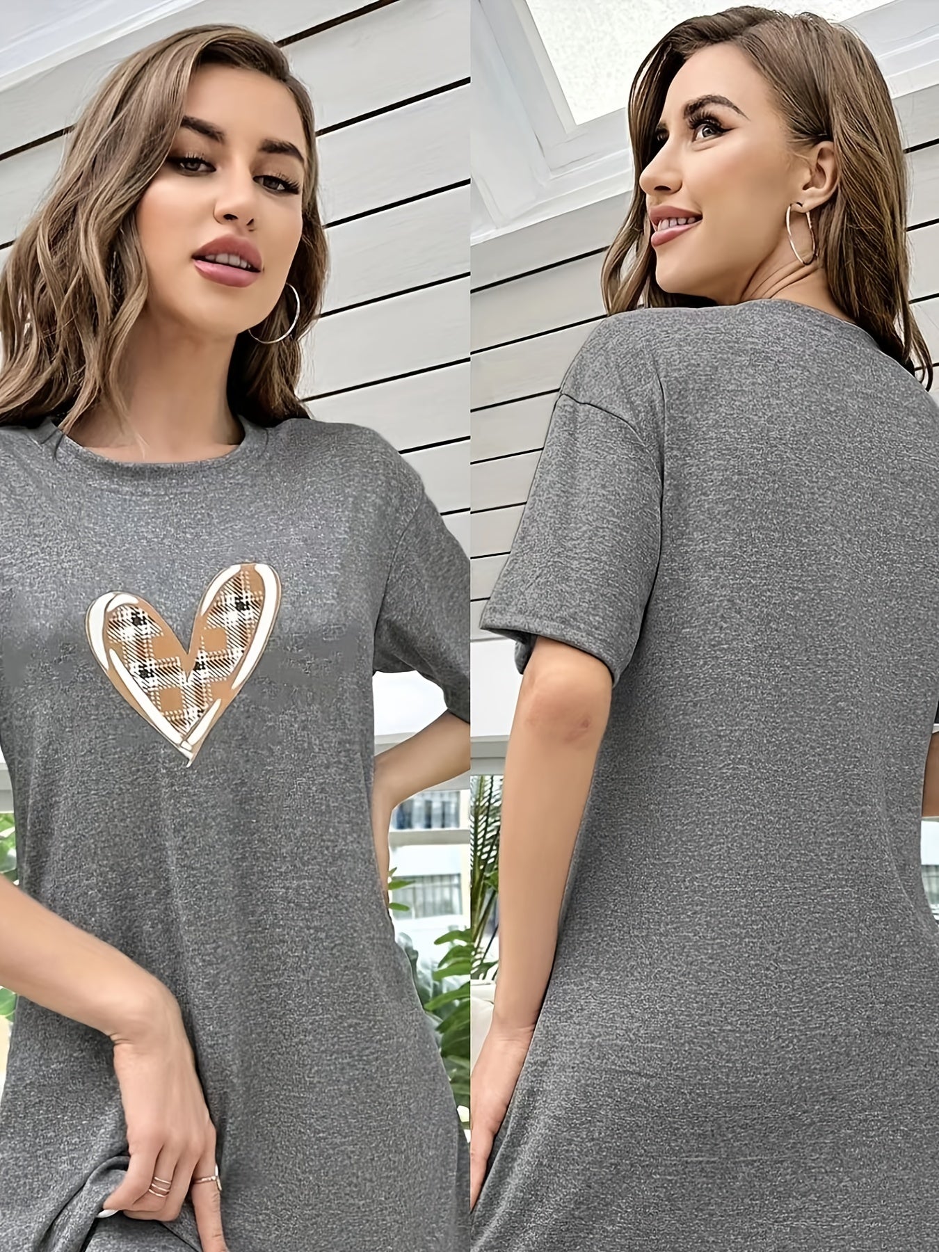 Heart Print NightDress Short Sleeve Pajama Dress Women's Sleepwear