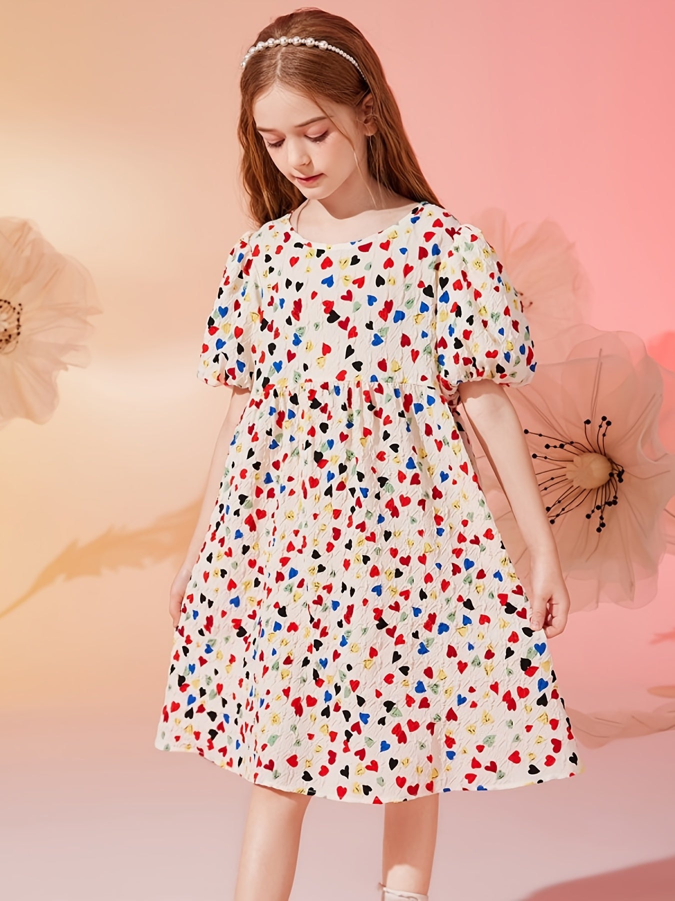 Girls Heart Print Floral Princess Dress