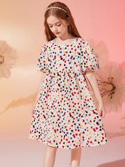 Girls Heart Print Floral Princess Dress
