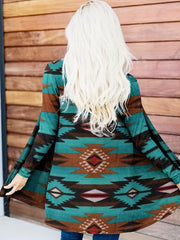 Western Ethnic Print Open Front Long Sleeve Cardigan