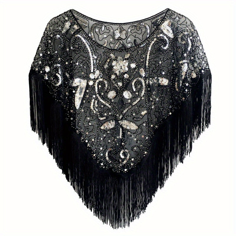 Vintage Tassel Sequins Embroidery Shawl Flapper Wrap Cardigan Cloak