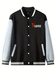 V Letter Print Bear With A Broken Heart Graphic Baseball Jacket