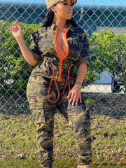 Camo Print Zip Jumpsuit Half Sleeve Long Length Slim Waist Women's Clothing