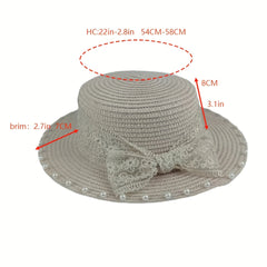Women Straw Fedora Hat Faux Pearl Flap Top Brim Beach Sun Hat