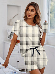 Plaid Pajama Set Crew Neck Top & Shorts Women's Sleepwear