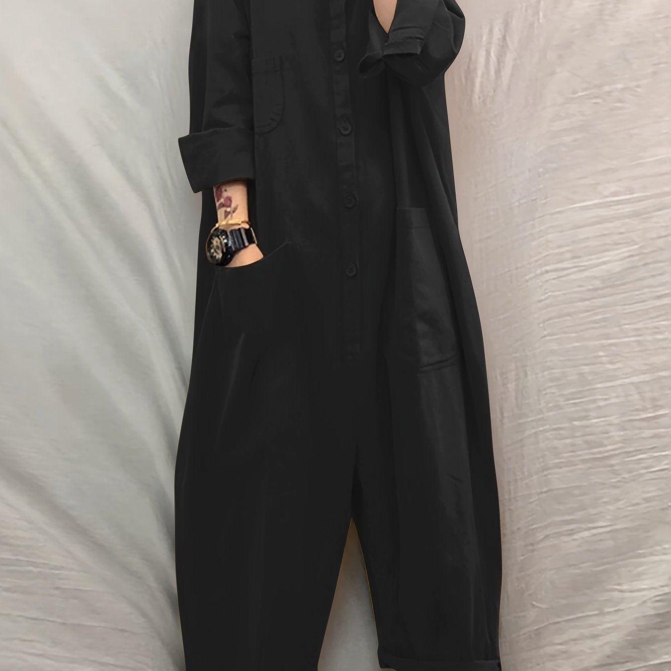 Solid Pockets Jumpsuit Casual Stand Collar Button Front Long Sleeve