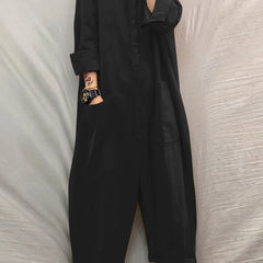 Solid Pockets Jumpsuit Casual Stand Collar Button Front Long Sleeve
