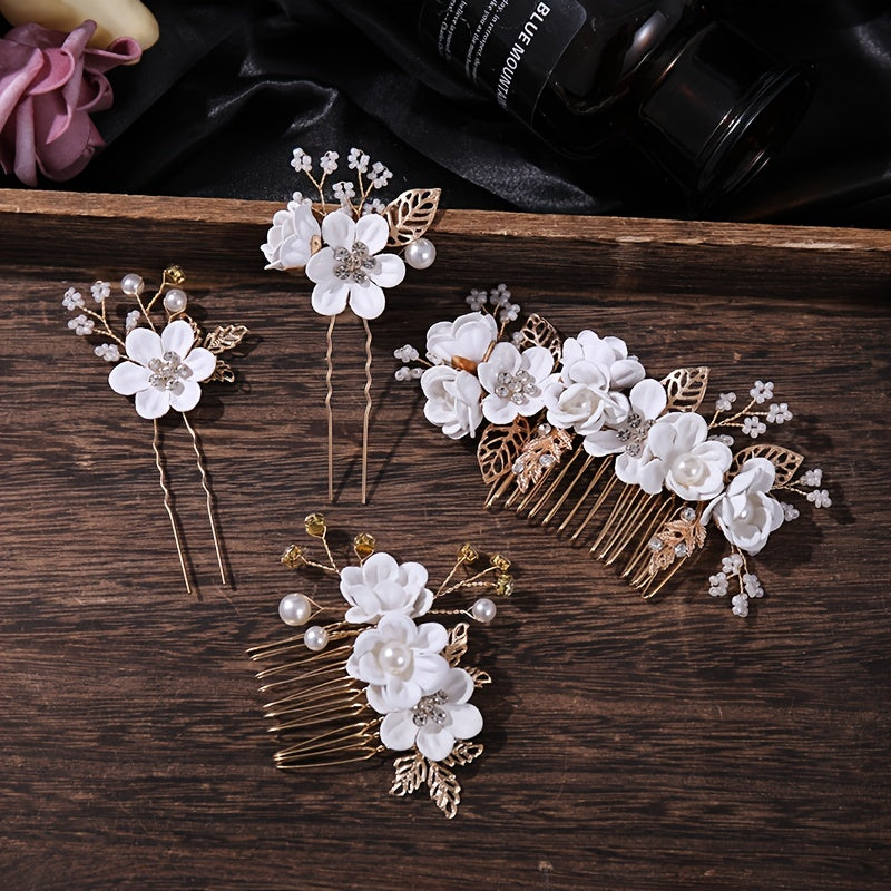 Hanfu Hair Comb Faux Pearl Flower Leaf Metal Hairpin Vintage Chinese Style
