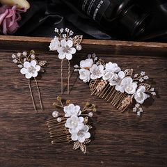 Hanfu Hair Comb Faux Pearl Flower Leaf Metal Hairpin Vintage Chinese Style