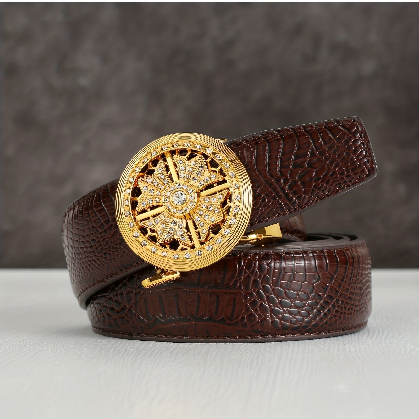 Crocodile Pattern Automatic Buckle Belt Faux Diamond Inlaid Belt