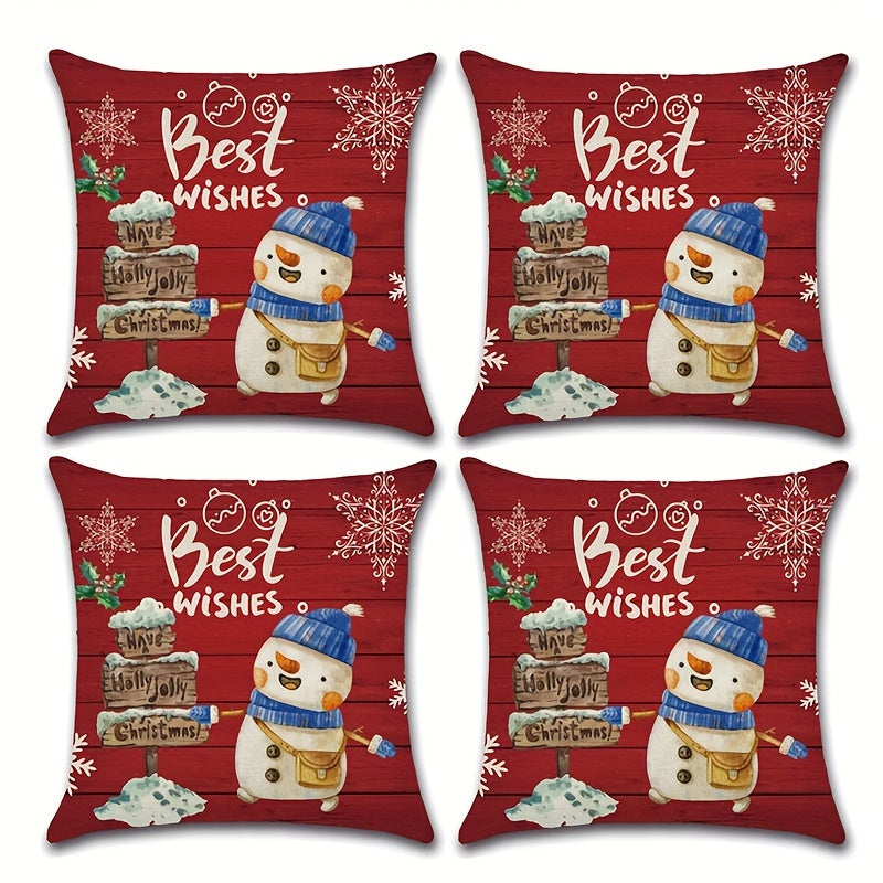 Christmas Snowman Snowflake Pillow Cover Red 4pc