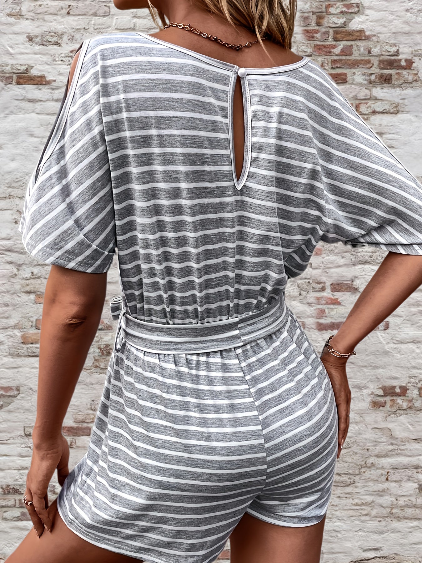 Striped Split Short Sleeve Romper Casual V Neck Wide Leg Romper