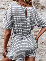 Striped Split Short Sleeve Romper Casual V Neck Wide Leg Romper