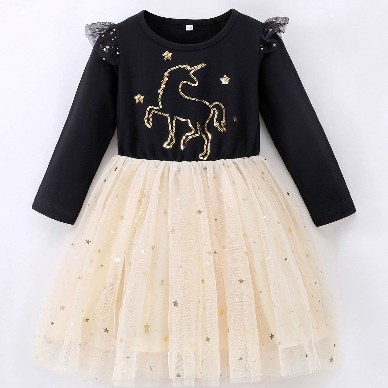 Girls Sequins Unicorn Embroidered Dress Stars Mesh Princess