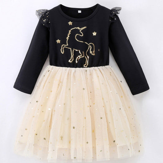 Girls Sequins Unicorn Embroidered Dress Stars Mesh Princess