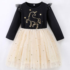 Girls Sequins Unicorn Embroidered Dress Stars Mesh Princess