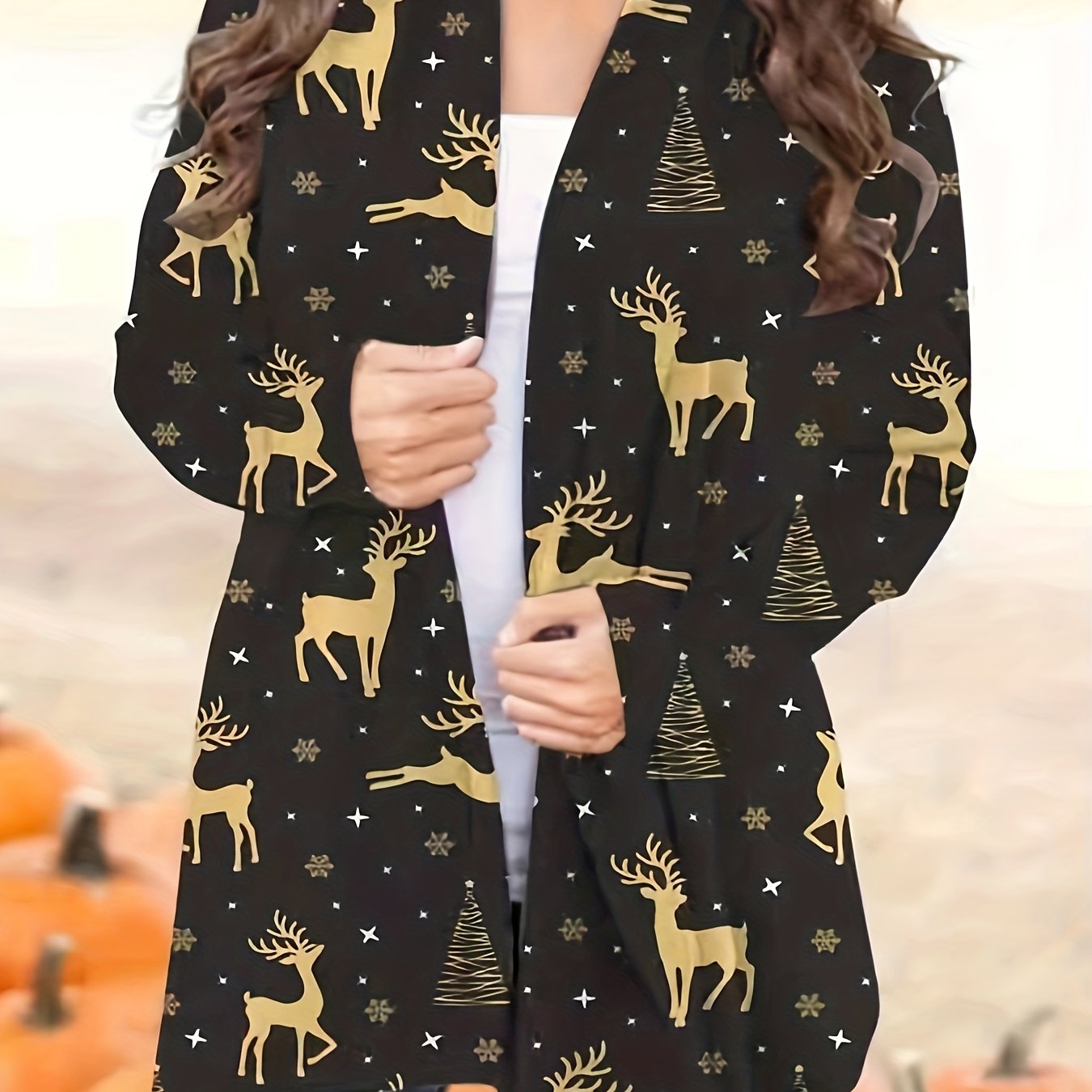 Christmas Casual Cardigan - Tree & Elk Print Long Sleeve