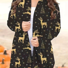 Christmas Casual Cardigan - Tree & Elk Print Long Sleeve