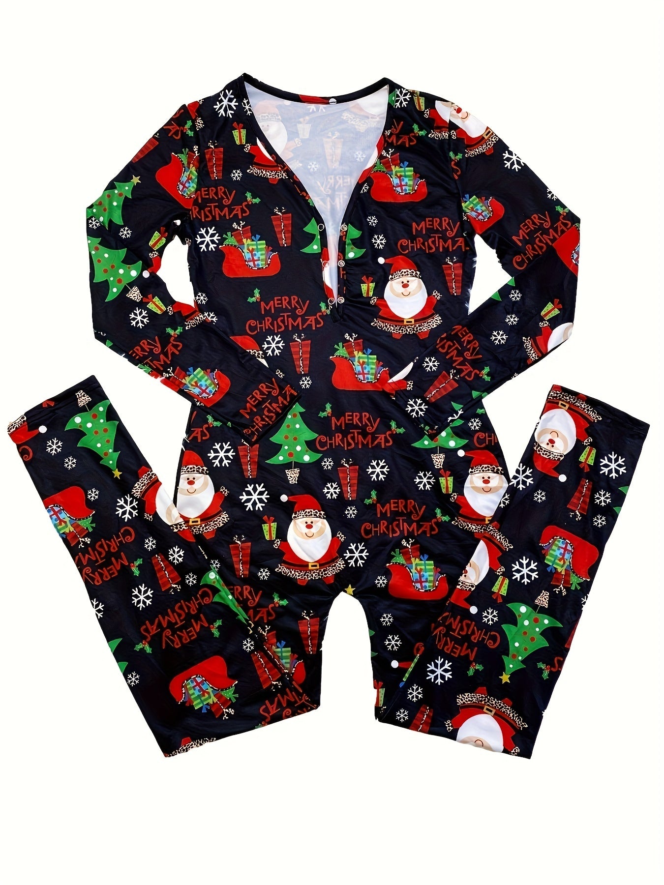 Christmas Print Lounge Jumpsuit Long Sleeve V Neck Buttons Jumpsuit