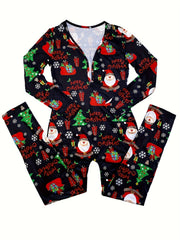 Christmas Print Lounge Jumpsuit Long Sleeve V Neck Buttons Jumpsuit