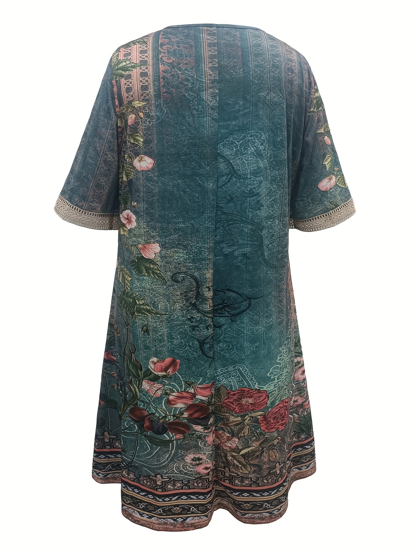 Floral Print Lace Sleeve V Neck Pleated Dress
