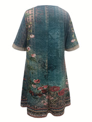 Floral Print Lace Sleeve V Neck Pleated Dress