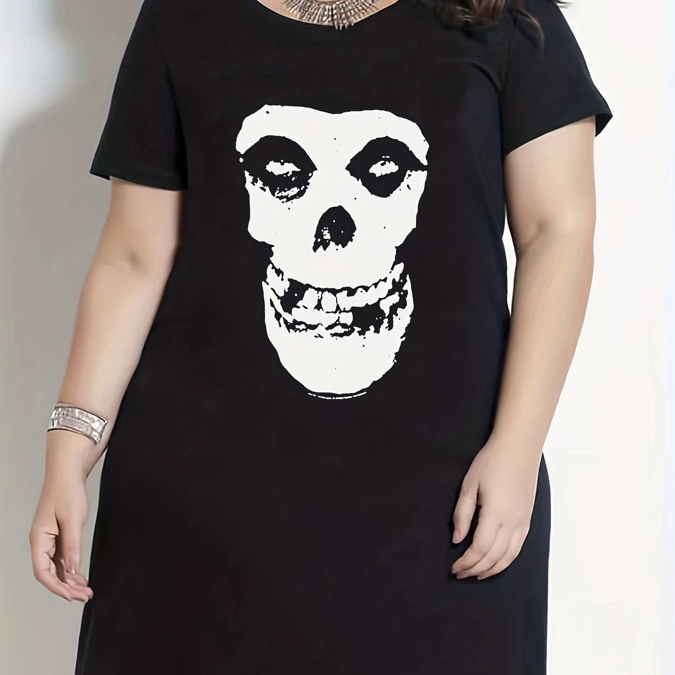 Skull Print Short Sleeve Round Neck Tee Sleep Dress