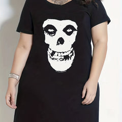 Skull Print Short Sleeve Round Neck Tee Sleep Dress