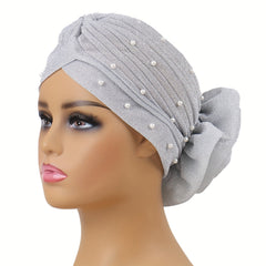 Gray Glitter Plate Flower Turban Cap Pleated Head Wrap