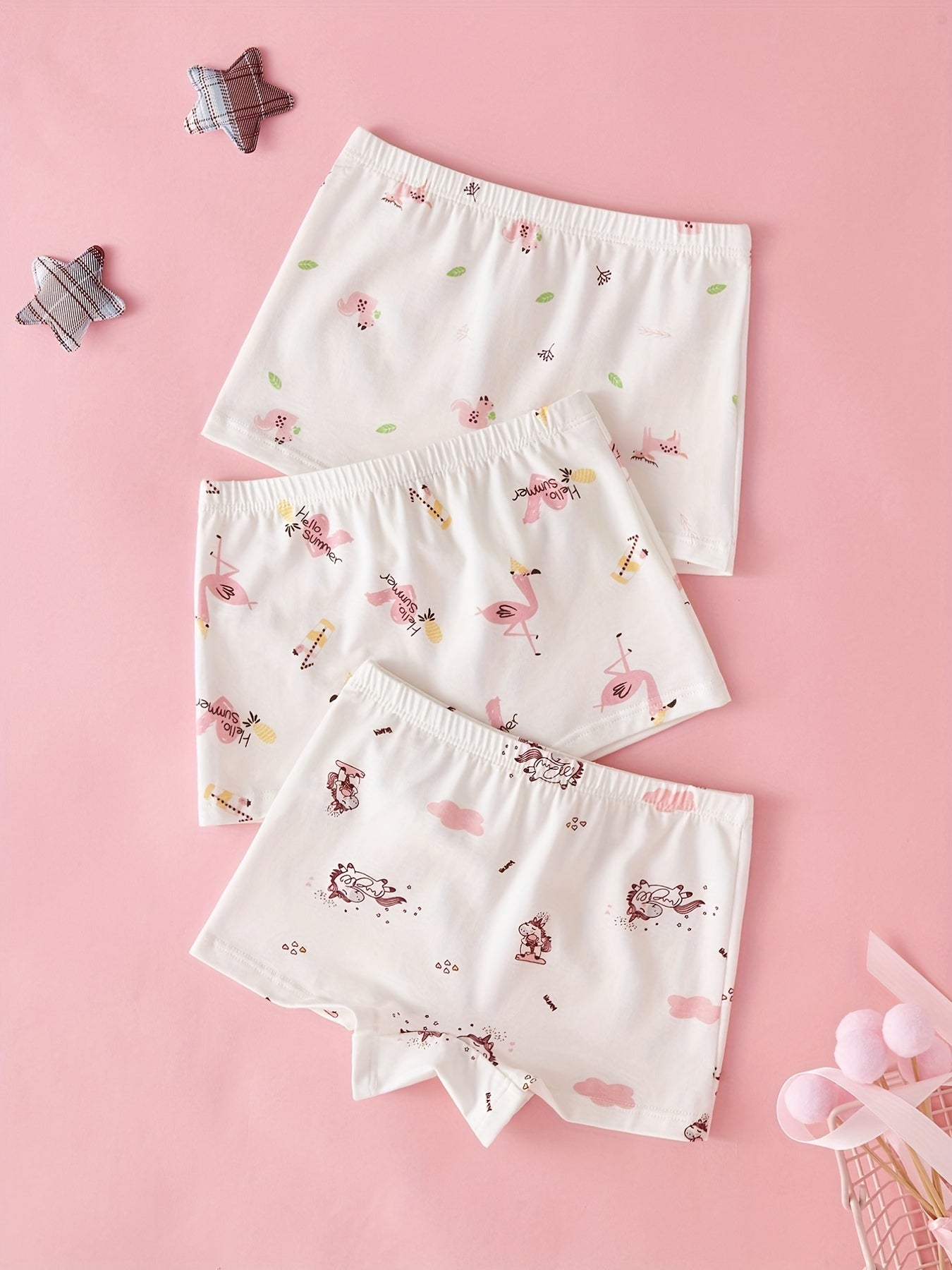 3pcs Girls Boxer Briefs Elastic Waist Cartoon Animals Print Underwear