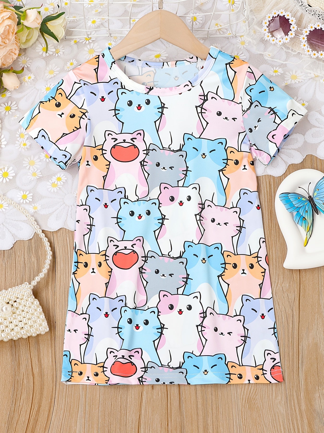 Cats Allover Print Girls Short Sleeve T Shirt Dress