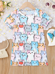 Cats Allover Print Girls Short Sleeve T Shirt Dress