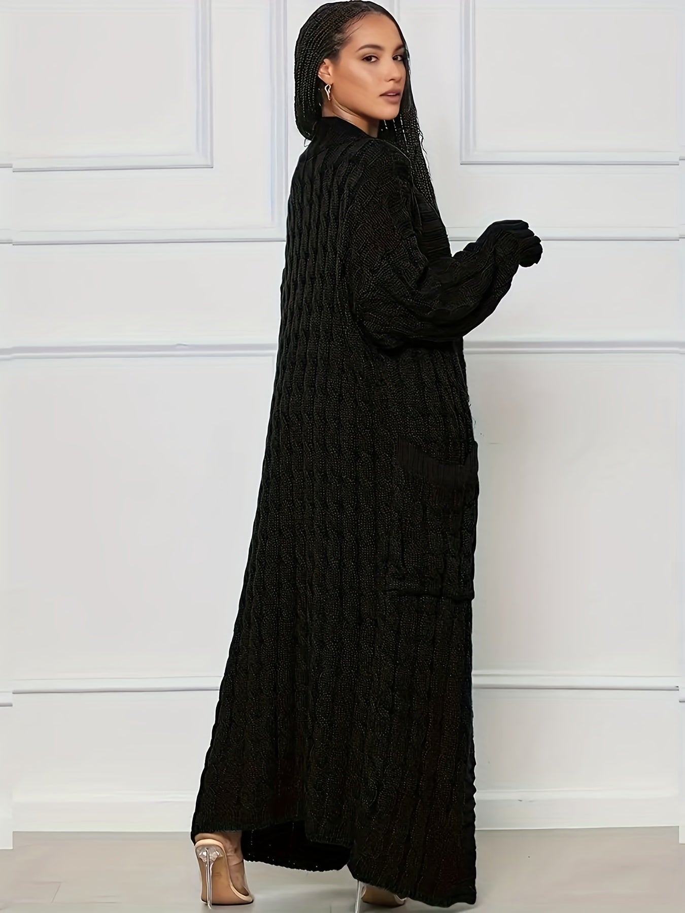 Solid Cable Long Sleeve Maxi Cardigan With Pockets