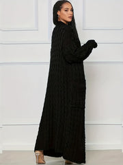 Solid Cable Long Sleeve Maxi Cardigan With Pockets
