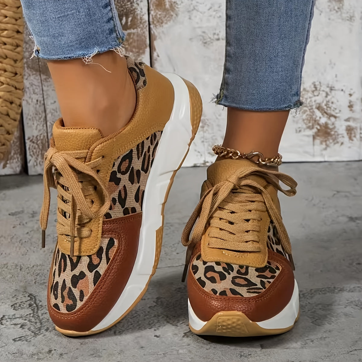 Leopard Print Sports Shoes Colorblock Running Platform Sneakers