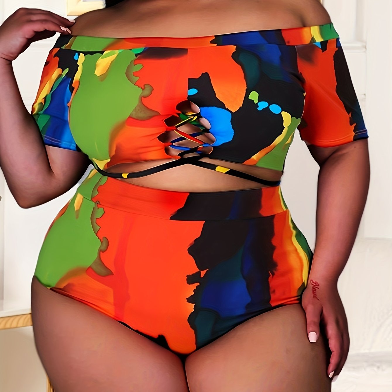 Colorful Painting Print Off Shoulder Criss Cross Swimsuit Set
