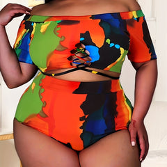 Colorful Painting Print Off Shoulder Criss Cross Swimsuit Set
