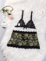 Floral Embroidery Lingerie Set with Plunge Bra and Mesh Skirt