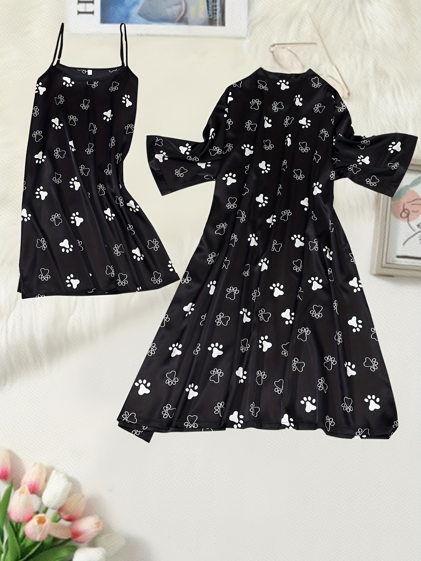 Dog Paw Print Cami Dress & Robe Set