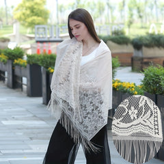 Boho Flower Pattern Fringe Trim Scarf Wrap Head Wrap For Travel