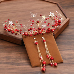Chinese Style Red Faux Pearl Headband Earrings Set